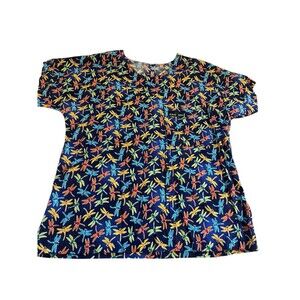 Women’s Uniform Scrub Med Round Neck Blue Dragonflies Top Size 6-8  Vet Nurse